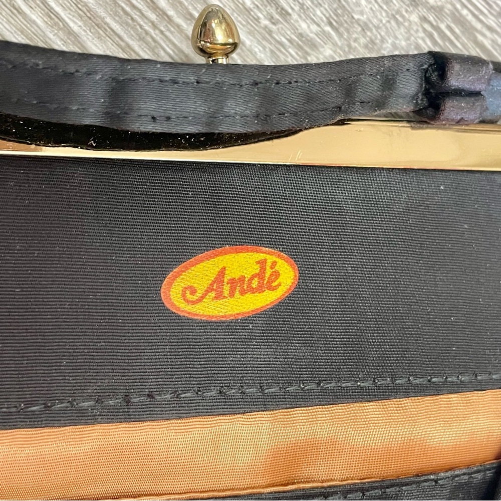Vintage 60s Ande Black Satin Evening Bag + Tortoise Shell Style Clasp Purse - Picture 13 of 16